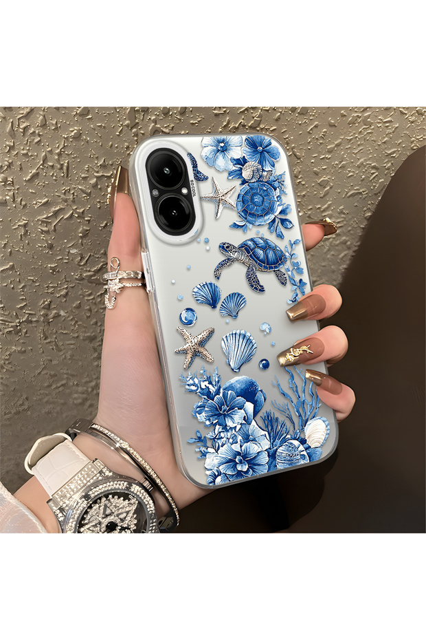 Realme C67 4g Compatible Blue Turtle, Shell and Coral Pattern Cover, Shock-Absorbing Structure