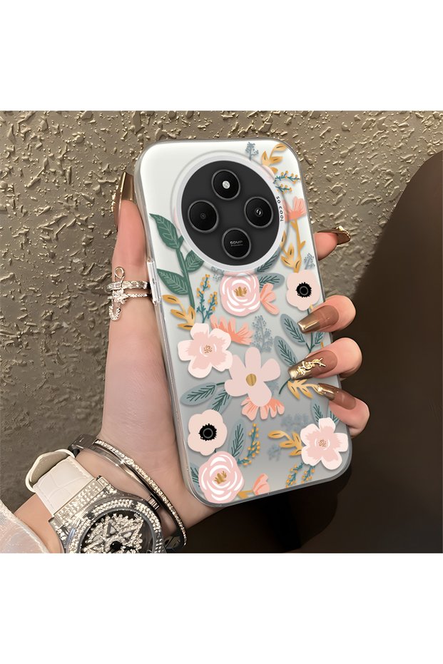 Redmi A4 Compatible Pink Spring Flower and Green Leaf Pattern Phone Case, Shock Protection