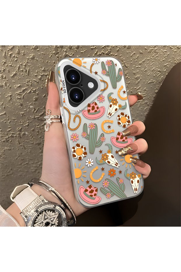 iPhone 16 Plus Compatible Western Cowboy Cactus and Sun Pattern Phone Case, Impact Protection