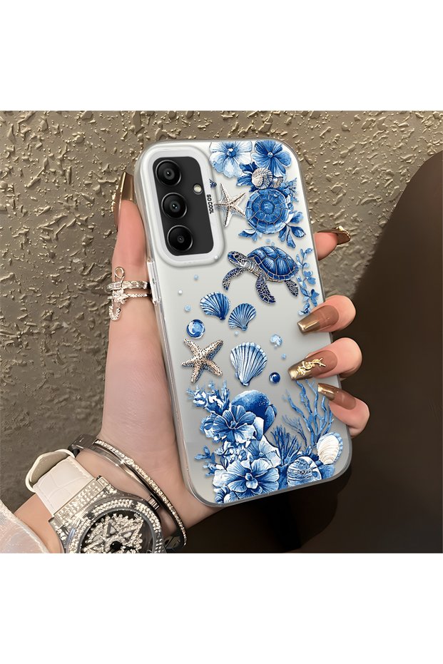 Samsung Galaxy A15 4G/5G Compatible Blue Turtle, Shell and Coral Pattern Cover, Shock-Absorbing Structure
