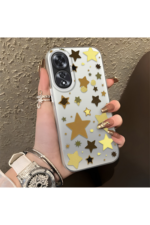 Oppo A60 Compatible Retro Coffee Tone Star Sticker Printed Case, Aesthetic Design