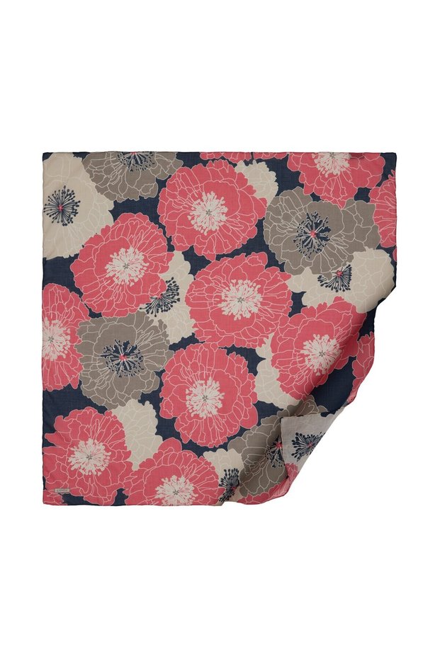 Black Gray Hydrangea Basket Patterned Cotton Scarf 1413-Navy Blue