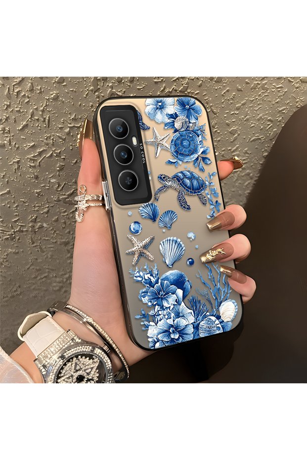 Realme C65 4g Compatible Blue Turtle, Shell, and Coral Pattern Cover, Shock-Absorbing Structure