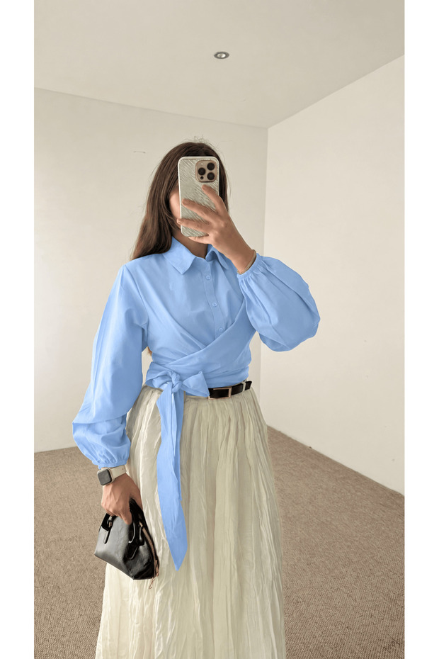 Tie-Front Crop Shirt - Mg - Baby Blue
