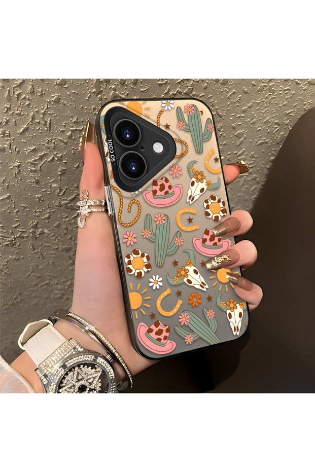 iPhone 17 Compatible Western Cowboy Cactus and Sun Pattern Phone Case, Impact Protection