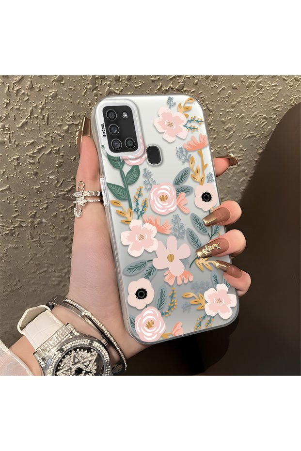 Samsung Galaxy A21S Compatible Pink Spring Flower and Green Leaf Pattern Phone Case, Shock Protection