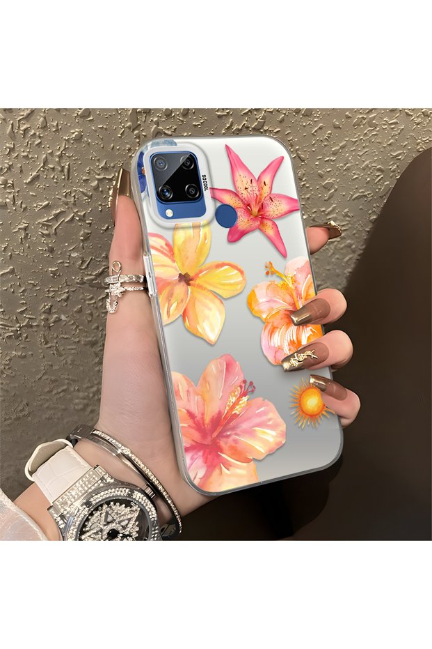 Realme C15/C25/C25S Compatible Watercolor Tropical Flower and Sun Pattern Phone Case, Shock Protection