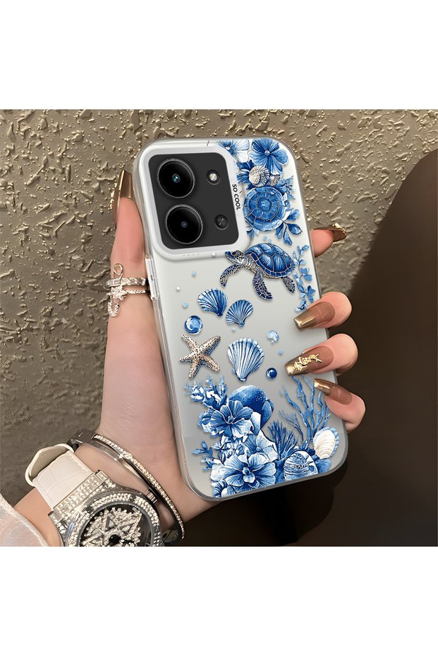 Redmi 15C 4g Compatible Blue Turtle, Shell, and Coral Pattern Cover, Shock-Absorbing Structure