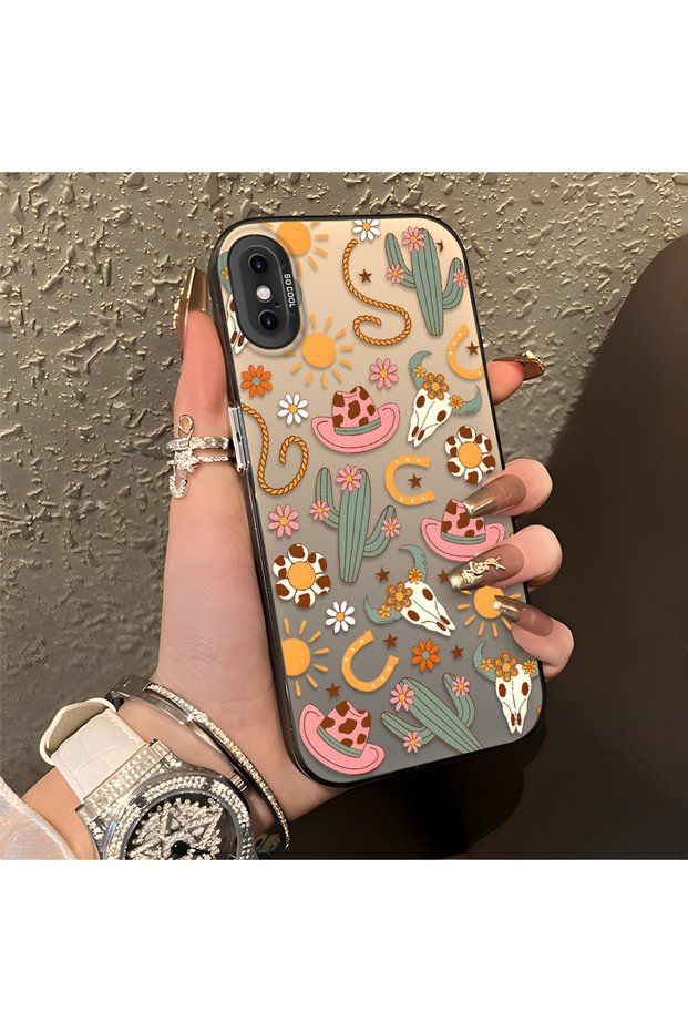 iPhone XS Max Compatible Western Cowboy Cactus and Sun Pattern Phone Case, Shock Protection