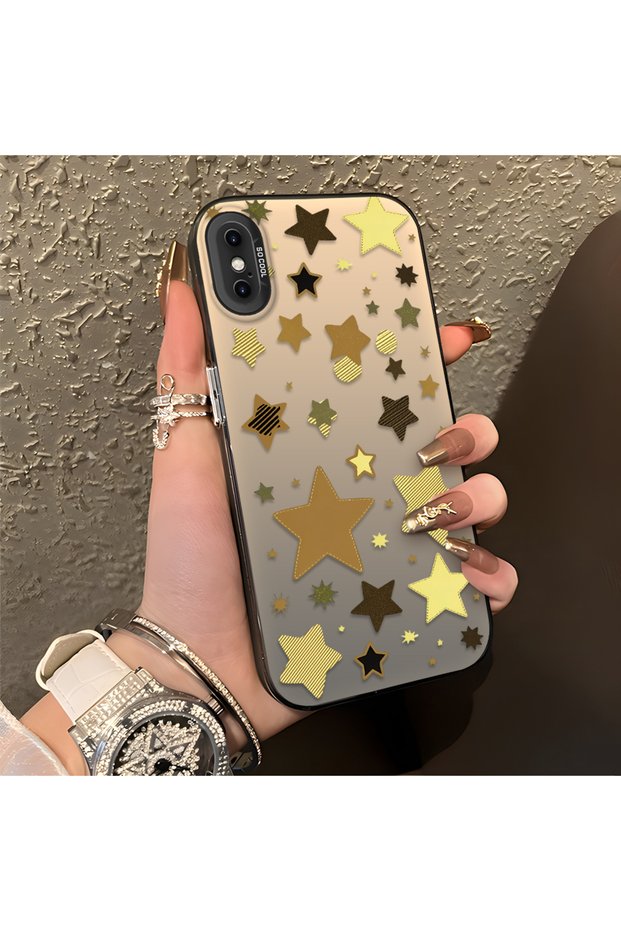 iPhone XS Max Compatible Retro Coffee Tone Star Sticker Printed Case, Aesthetic Design