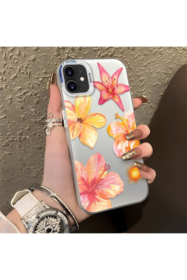 iPhone 11 Compatible Watercolor Tropical Flower and Sun Pattern Phone Case, Shock Protection