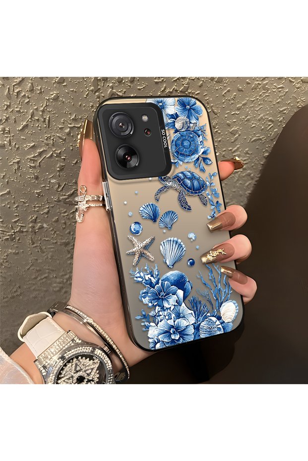 Mi 13T/Mi 13t Pro Compatible Blue Turtle, Shell, and Coral Pattern Cover, Shock-Absorbing Structure