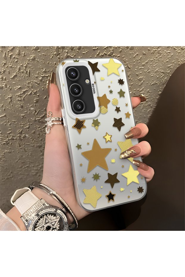 Samsung Galaxy S24 Compatible Retro Coffee Tone Star Sticker Printed Case, Aesthetic Design
