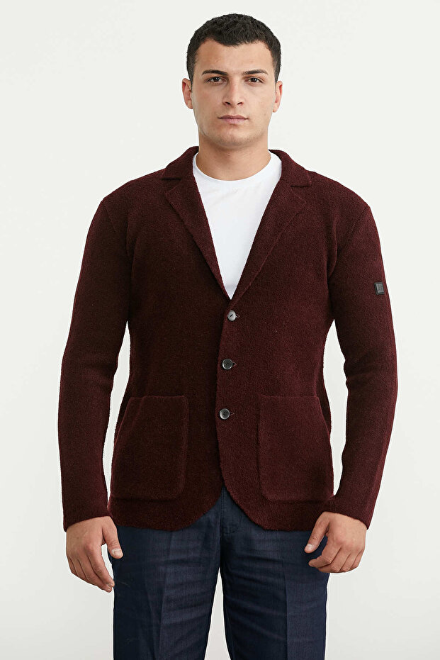 Shawl Collar Pocketed Knitwear Jacket - Burgundy