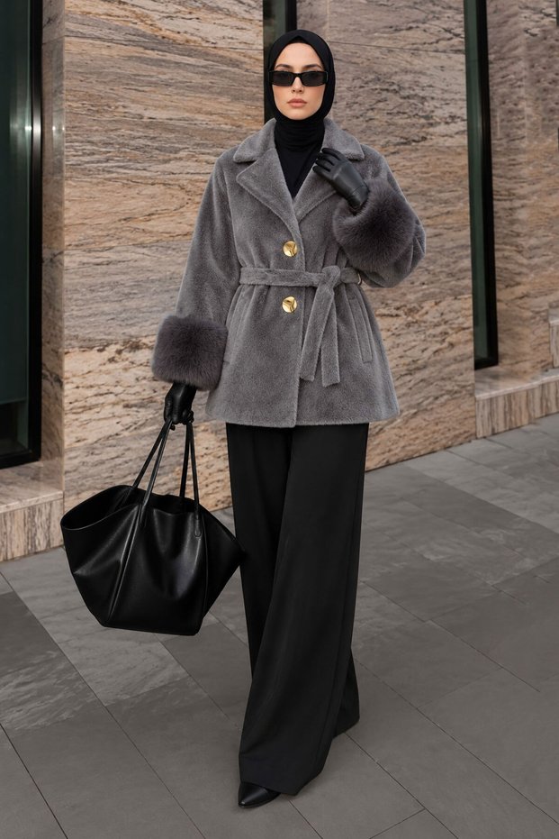 Fox Coat with Fur Sleeves Tsd260352 Gray