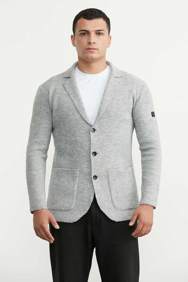 Shawl Collar Pocketed Knitwear Jacket - Light Gray