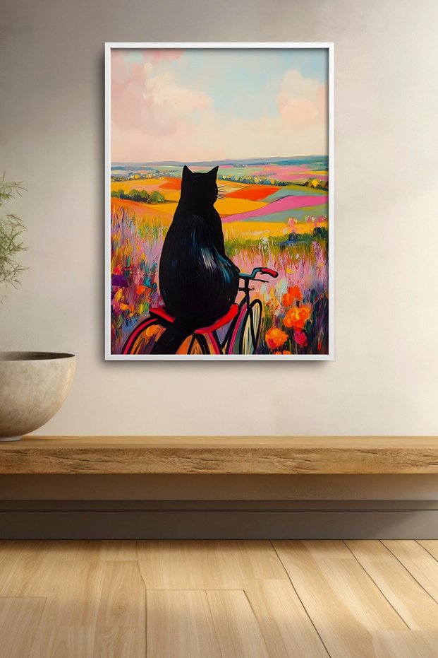 Black Cat in a Bicycle Countryside Scenery Framed Painting Cat Poster Modern Wall Decor Kedi56