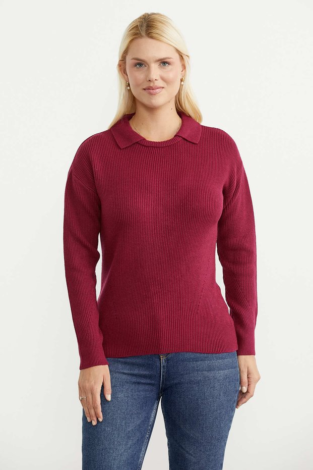 Collar Detailed Knitwear Sweater - Burgundy