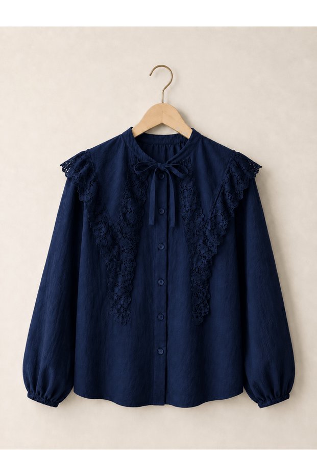 Shawl Collar Shirt with Guipure Detail - Navy Blue