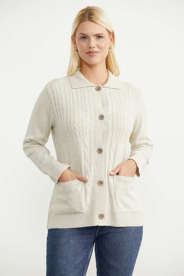 Shirt Collar Buttoned Knitwear Cardigan - Stone