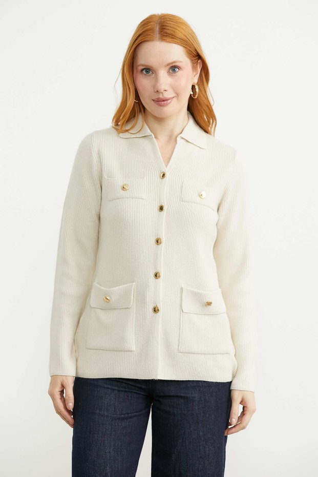 Long Knit Cardigan with Large Pockets - Light Beige