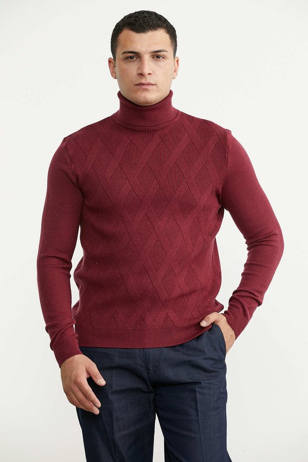 Full Fisherman Motif Knitwear Sweater - Burgundy