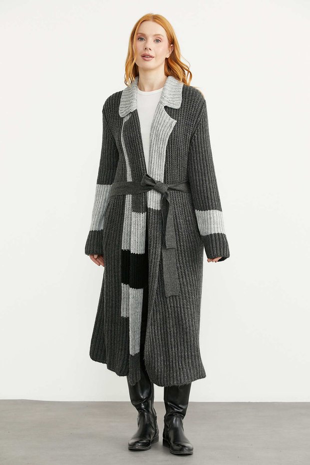 Belted Long Knitwear Cardigan - Anthracite