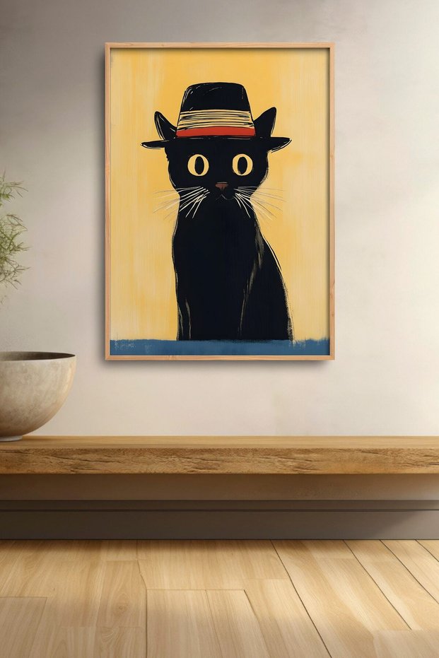 Black Cat with Straw Hat Framed Painting Cat Poster Modern Wall Decor Kedi43