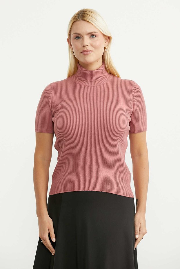 Full Turtleneck Short Sleeve Knitwear Sweater - Rose