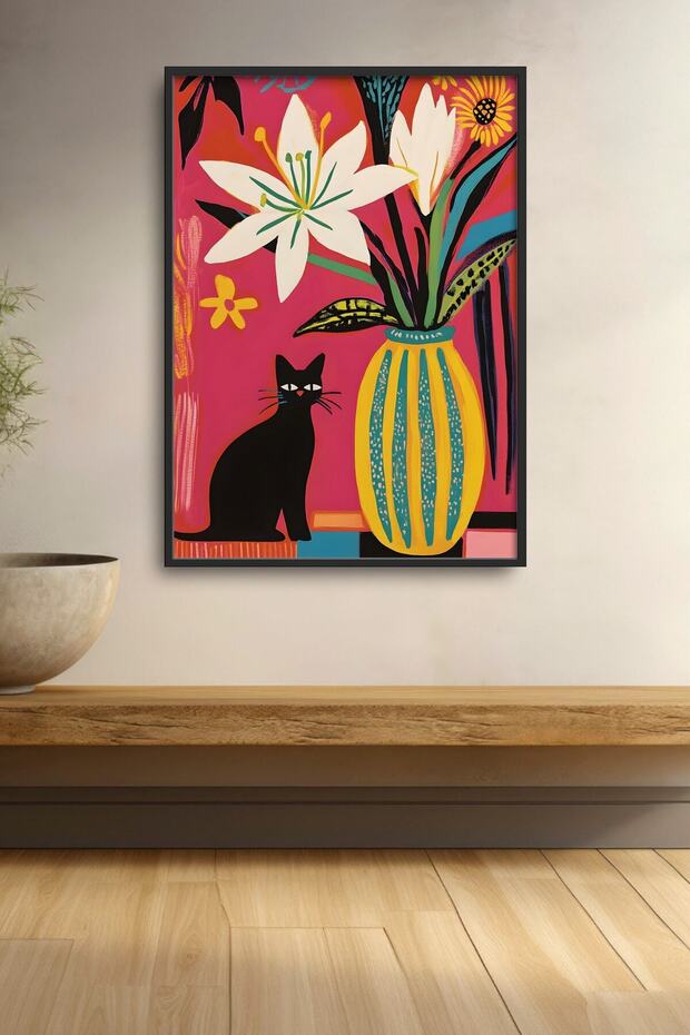 Colorful Floral Vase and Black Cat Framed Painting Cat Poster Modern Wall Decor Kedi14