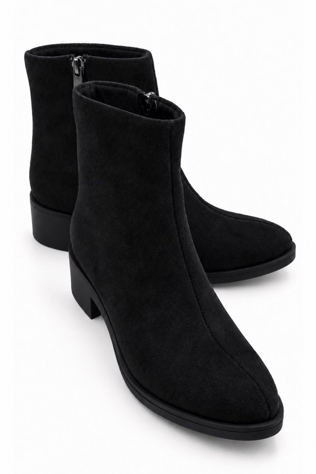 Shift Women's Suede Black Front Stitching Detailed Side Zipper Short Heeled Non-Slip Sole Daily Boots 4.5 cm Heel