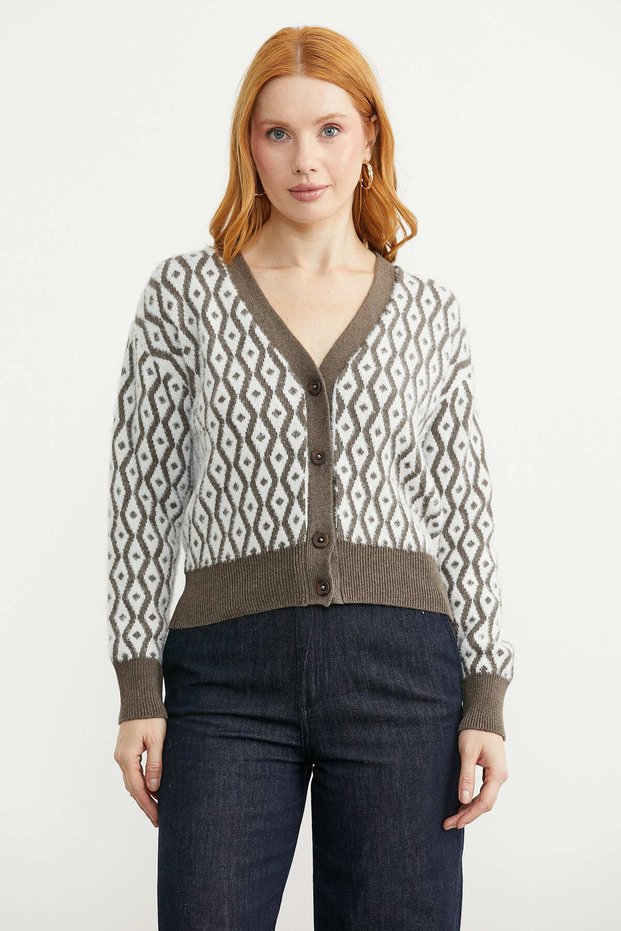 Wool V-Neck Knitwear Cardigan - Milk Coffee