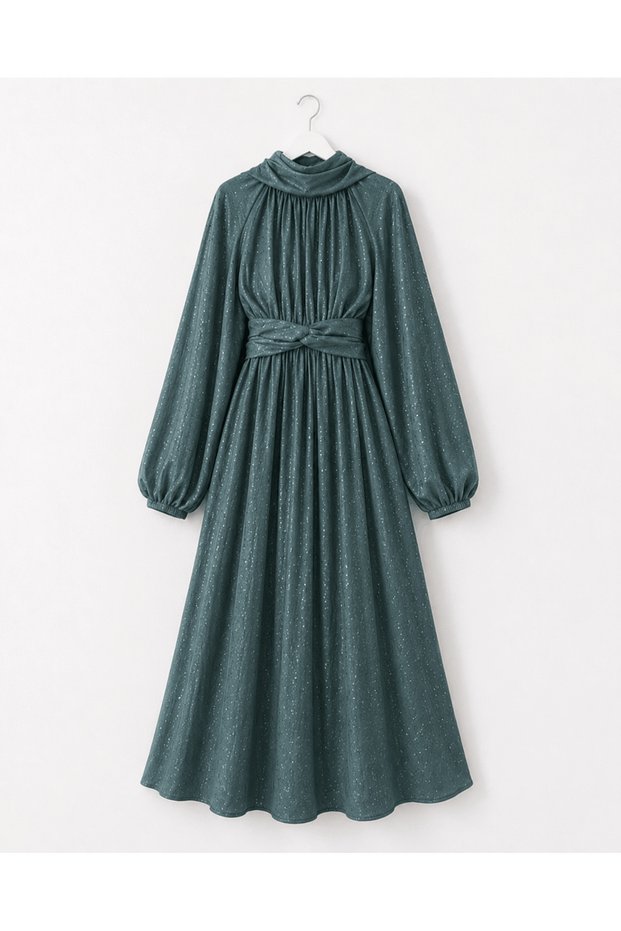 Shimmering Belted Dress - 5169 - Petrol Green