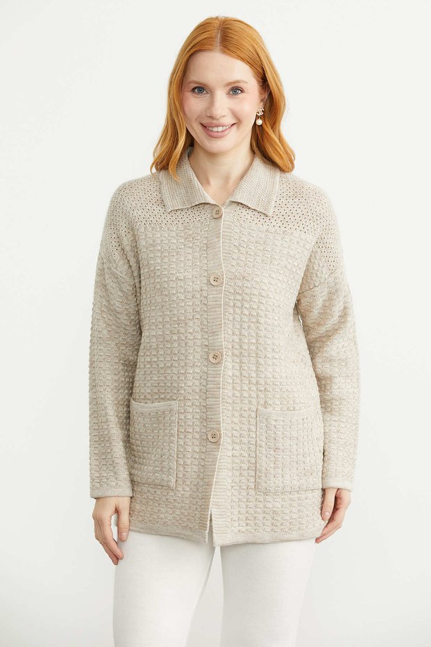Knitted Motif Polo Collar Pocketed Knitwear Jacket - Light Beige