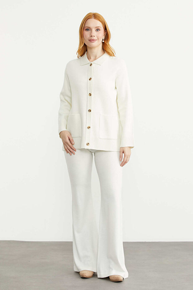 Shirt Collar Buttoned Wool Knitwear Cardigan - Bone