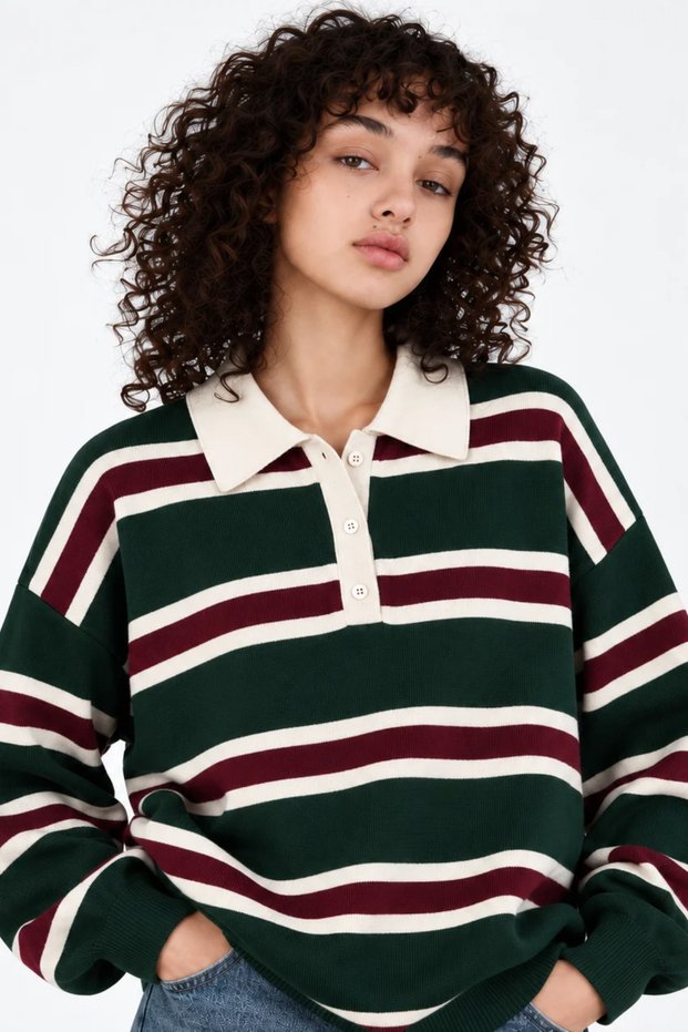 Women's Striped Polo Collar Oversize Knitwear Sweater