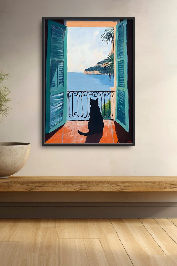Sea View from Open Window and Black Cat Framed Painting Cat Poster Modern Wall Decor Kedi30