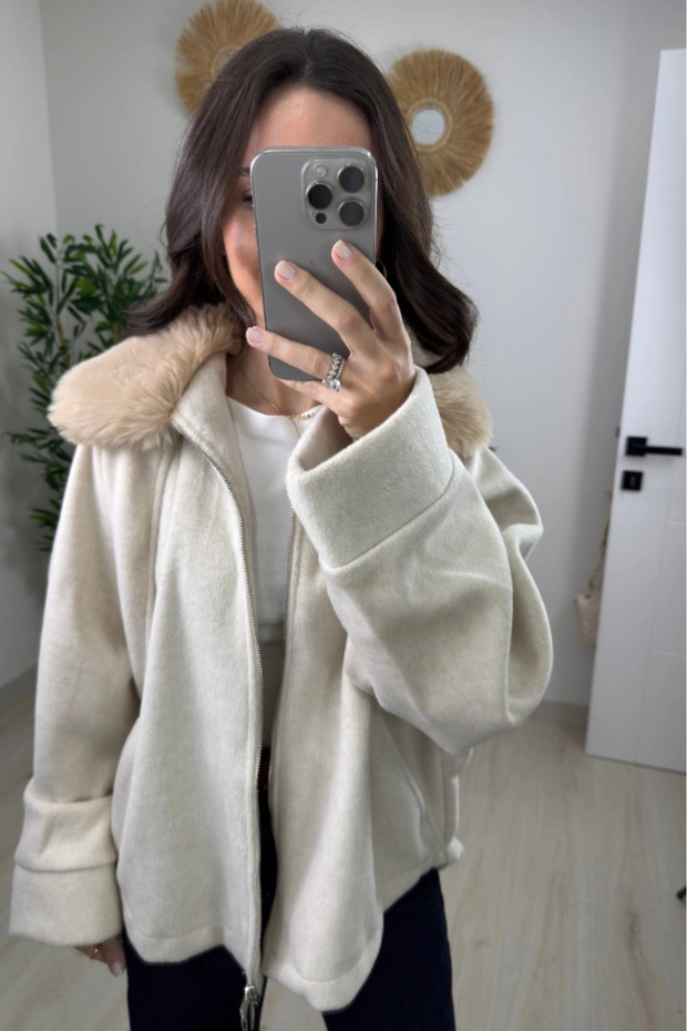 Stone Color Fur Collar Cashmere Coat - 9660