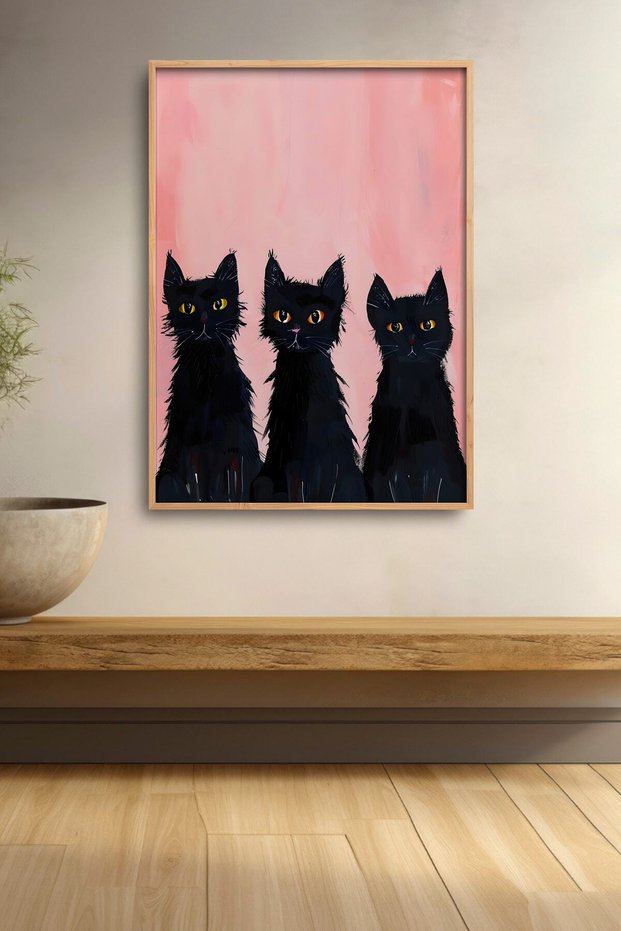 Three Black Cats in Front of Pink Wall Framed Painting Cat Poster Modern Wall Decor Kedi07