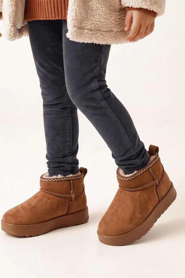 Children's Brown Fur-Lined Suede Look Snow Boots Thick Soled Short Mini Winter Boots