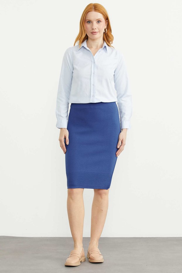 Elastic Waist Knee Length Knitwear Skirt - Blue