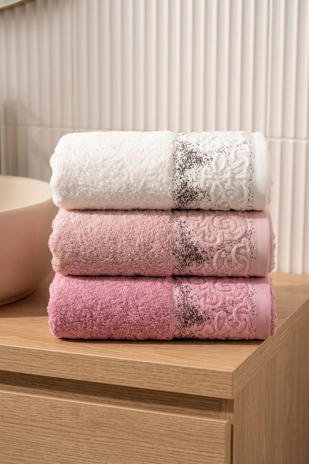 3-Piece Rose Embossed Towel Set | 50X90 Hand, Face, and Hair Towel | 100% Cotton | High Absorbency, Fast Drying