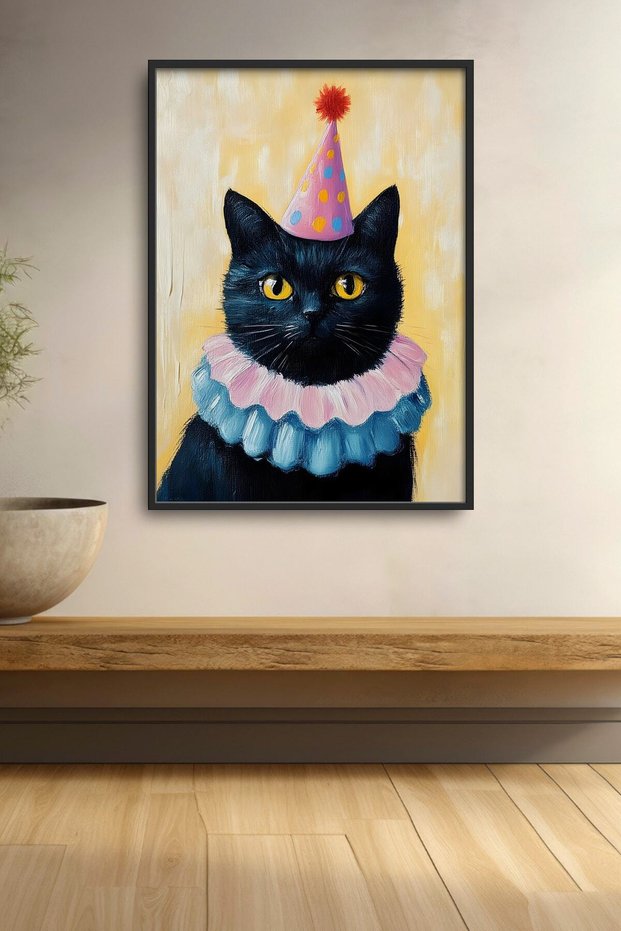 Black Cat with Birthday Hat Framed Painting Cat Poster Modern Wall Decor Kedi09