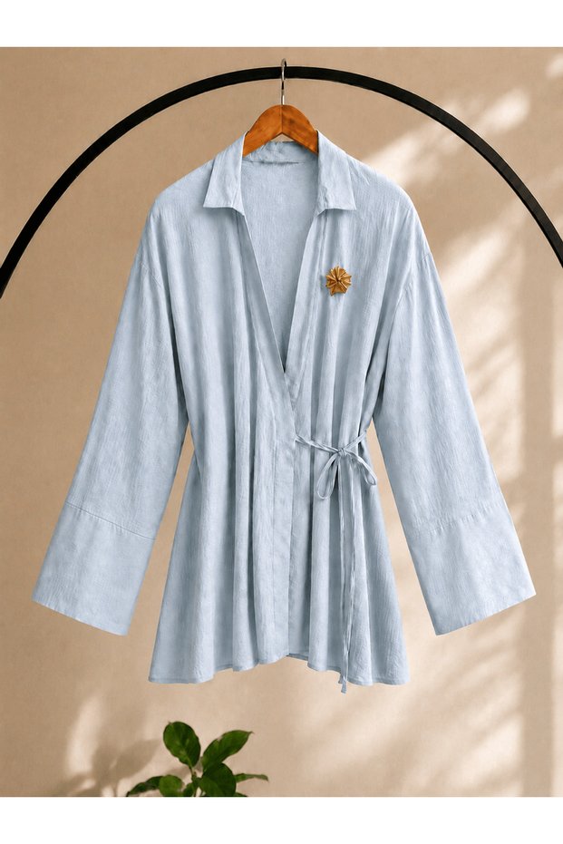 Brooched Pleated Shirt - 6182 - Baby Blue