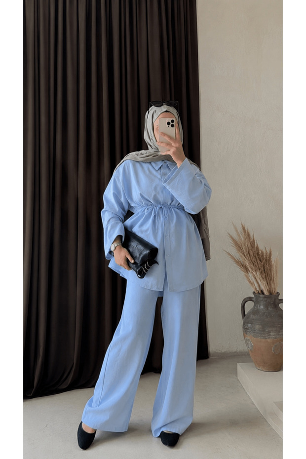 Oversize Trouser Suit with Piping Belt - 61843 - Baby Blue