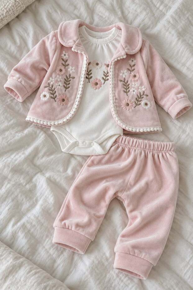Baby Girl Floral Embroidered Velvet Cardigan Long Sleeve Snap Fastener Badi Velvet Tracksuit 3-Piece Bottom Top Set 0-