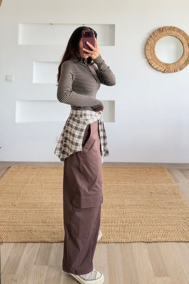 Brown Detachable Shirt Detailed Cargo Pants