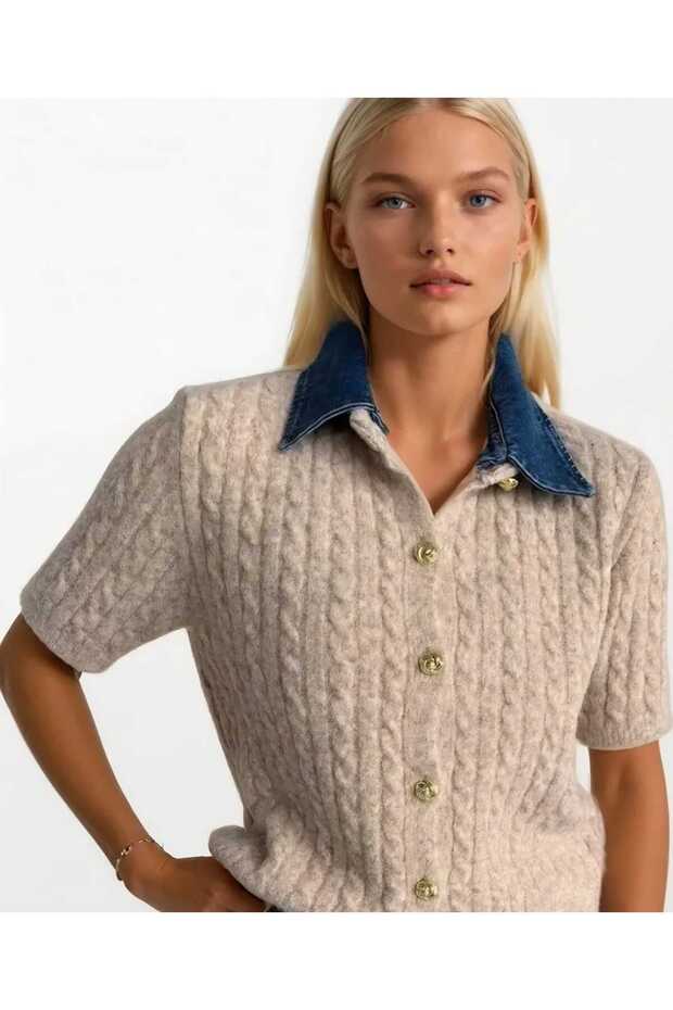 Removable Denim Collar, Gold Buttons, Standard Size, Hair Braided Knitwear, Short Sleeve Jacket, Sweater