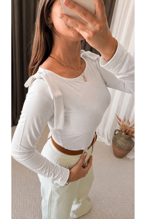 Bow-Shouldered Boat Neck Long Sleeve Bodysuit - 4174 - White