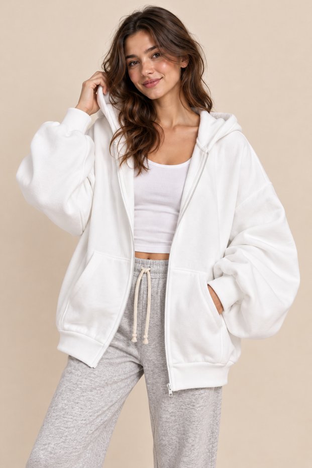 Women's White Balloon Sleeve Cardigan with Hood, Full Zipper, Kangaroo Pocket, Cotton Lined, Winter